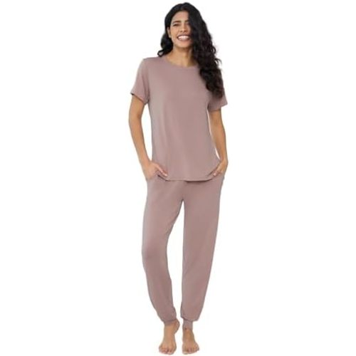 Joyaria Women Cooling Breathable Pajama Bamboo Viscose Soft Sleepwear Short Sleeve Lounge Jogger Set Moisture Wicking