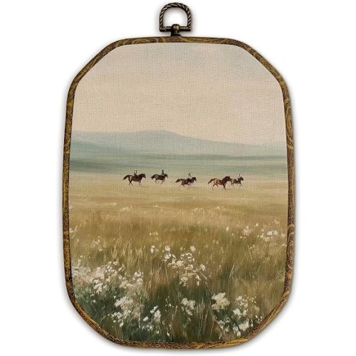 Yjeslw Vintage Horse Octagon Wall Art Decor, Rustic Equestrian Framed Canvas Prints, Country Farmhouse Horse Animal Wall Hanging Decorations for Home Bedroom Living Room Decor, 10.2x7 Inches