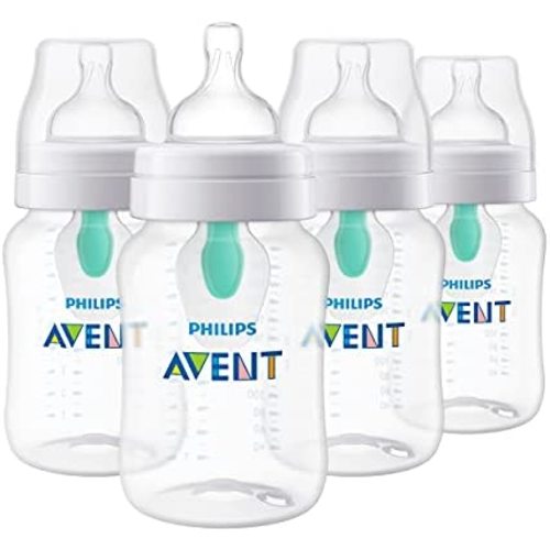 Philips AVENT Anti-Colic Baby Bottles with AirFree Vent, 9Oz, Clear, SCY703/04, 4 Count
