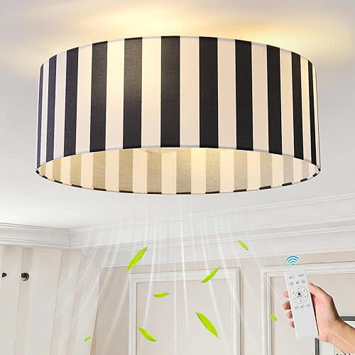 Boho Fandelier Ceiling Fan with Light Flush Mount, 20inch Caged Boho Ceiling Fan with Light and Remote,Black and White Fabric with 6 Speed,Farmhouse Low Profile for Bedroom,Nursery,Living Room