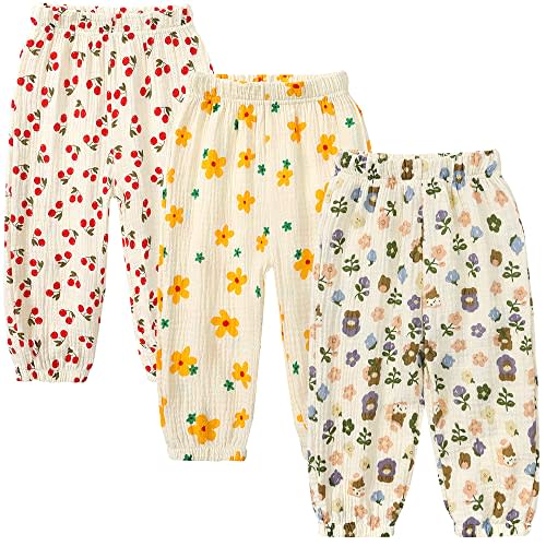 GFQLONG Toddler Baby Girls 3 Pack Elastic Waist Pants Soft Cotton Linen Harem Bloomers Summer Fall Long Pants