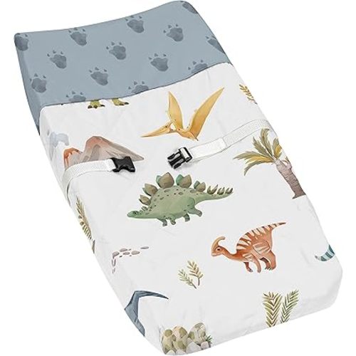 Sweet Jojo Designs Watercolor Dinosaur Dino Baby Boy Changing Pad Cover Infant Newborn Diaper Table Change Mat Sheet Green Slate Blue White Modern Dinosaurs Jurassic Animal Tracks Footprint Steel