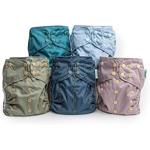 Kinder Cloth Diapers Set of 5 Reusable Baby Diapers Pocket Style Athletic Wicking Jersey, Newborn to Potty 7-60lbs, One Size, Inserts NOT Included (Coastal Calm)