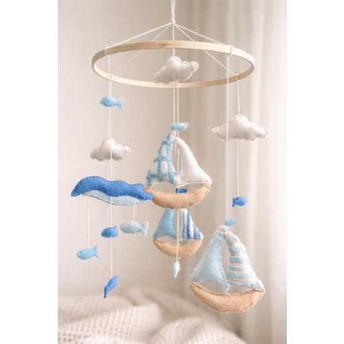 Nautical Sailboat Baby Mobile, Ocean Nursery Decor, Coastal Felt Crib Mobile