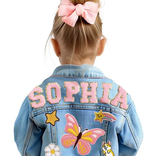 Gowelly Personalized Girls Denim Jacket with Name Patches, Back to School, Easter Birthday Christmas 1-8 Year Old Baby Girls Boys Gifts, Custom Toddler Jean Jacket Clothes