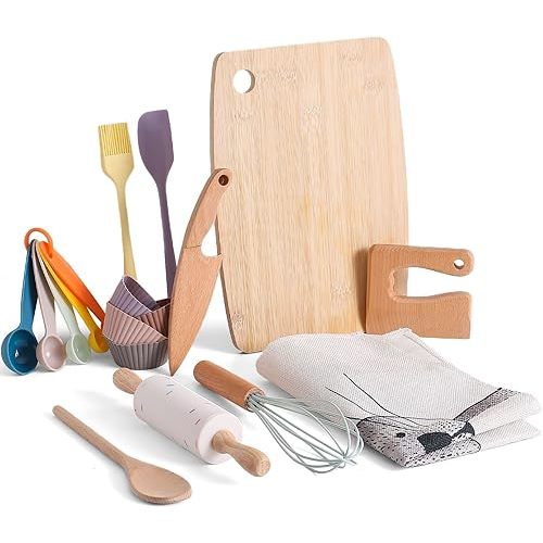 IEATFO Wooden Kids Cooking & Baking Set for Real Cooking, 14 PCS Toddler Montessori Kitchen Tools,Kids Cooking Utensils with Wooden Knife Set,Cutting Board,Apron and Rolling Pin, Food Grade Materials