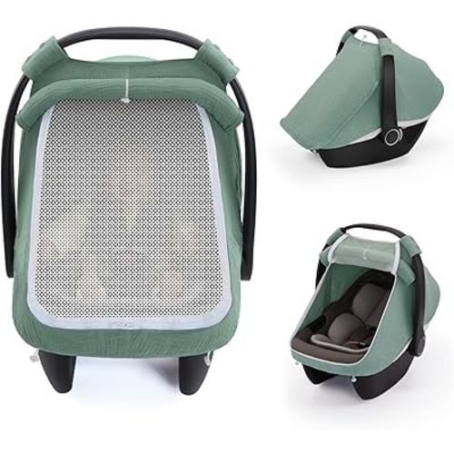 Blissful Diary Baby Car Seat Cover, Extra Large Mesh Window, Breathable Muslin Cotton, Infant Windproof Canopy - Roman Green