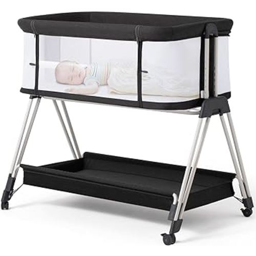 Fodoss Baby Bassinet Bedside Sleeper with Wheels and Storage Tray,4-Sided Mesh Bedside Bassinet Co Sleeper for Infant/Newborn,7 Height Adjustable Easy Folding Bedside Crib