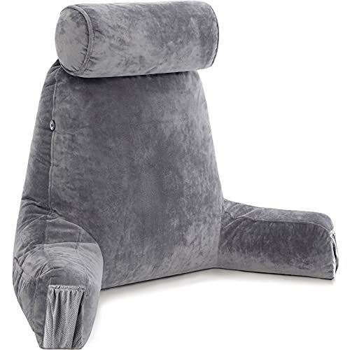 Husband Pillow Medium Reading Pillow with Arms - 23" Backrest for Sitting Up in Bed - Firm Support Bed Rest Pillow for Adults, Neck Roll, Removable Cover - TV, Reading, Lounging - Dark Grey