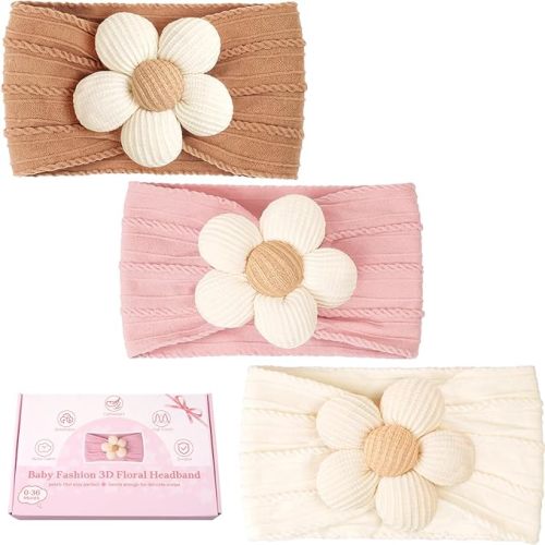 CÉLLOT Baby Flower Headbands Baby Girls Nylon Headbands Baby Essentials Stretchy Hairbands Handmade Hair Accessories for Newborn Infant Toddlers Kids (Pink,Brown,Beige)