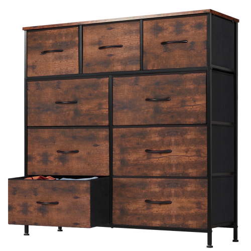 EDX 9 Drawer Dresser, Wide Chest of Drawers Nightstand Storage Tower Storage Fabric Dresser with Wood Top for Living Room, Bedroom, Hallway,Rustic Brown