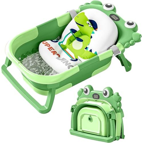 Collapsible Baby Bathtub for Newborns with Thermometer and Soft Floating Cushion Portable and Foldable Travel Baby Bath Tub for Infants to Toddler 0-36 Month(Dark Green)