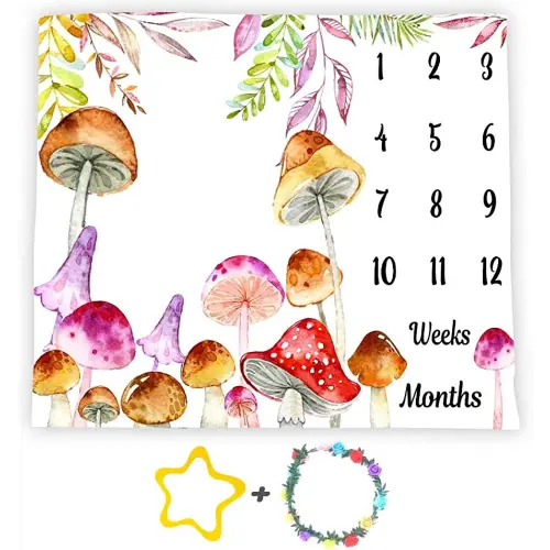 Mushroom Theme Baby Monthly Milestone Blanket, 48x40in Soft Flannel, Watercolor Backgrounds, Newborn Mom Gifts, Baby Shower Age Growth Tracker with Bonus Maker BTLSSS1
