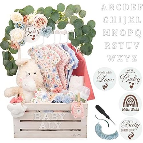 Wooden Crate Closet - Customizable Wooden Crate Box with Dual Rod System, Personalized Baby Basket Alphabet Letters, Easy Assembly Baby Baskets (Rustic White)