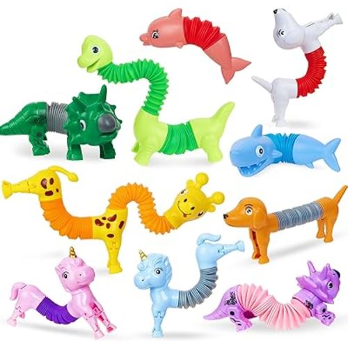 10 Pack Animal Pop Tubes,Toddler Sensory Toys,Fidget Toys, Extendable for Stress Relief, Party Favors, ADHD Autism Toy,Classroom School Reward,Birthday Gifts for Kids Girls Boys