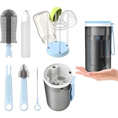 AivaToba Travel Baby Bottle Brush Set, Baby Bottle Cleaning Set with Portable Drying Rack, Silicone Bottle Brush, Nipple Brush, Straw Brush, Soap Dispenser, Gift for New Moms-Blue