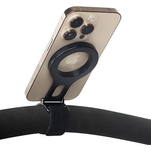 Magnetic Phone Holder for Stroller Bar, Compatible with MagSafe (Strong Magnet) - 180° Adjustable for Gym, Home Fitness Bikes, Shopping Cart, with Adjustable Strap, All Phone (Magnetic Ring Included)