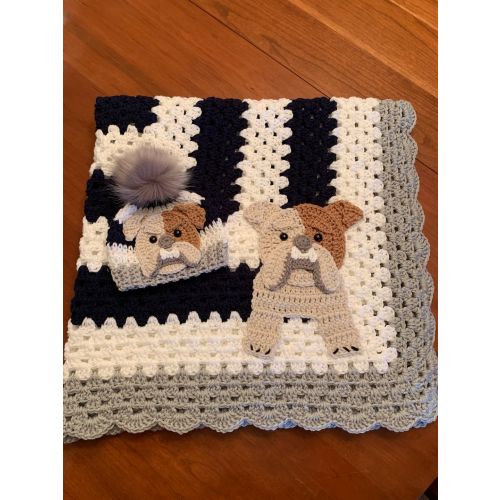 Crochet Baby Blanket 40x40” or 32x32" - Handmade Bulldog Nursery Decor, Baby Keepsake, Ideal for Dog Lover’s Nursery, Unique Babyshower Gift