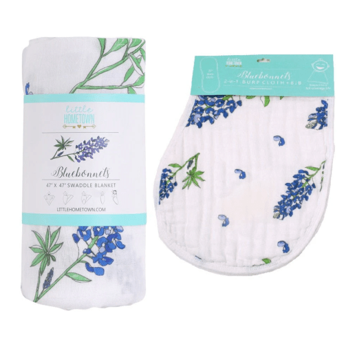 Gift Set: Bluebonnets Baby Muslin Swaddle Blanket and Burp Cloth/Bib C – Little Hometown