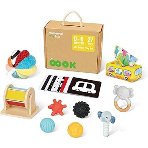 Montessori Toys for Babies 0-6 Months, 7 in 1 Newborn Baby Toys with Spinning Drum, Colorful Fabric Ball, Tissue Box Toy, Sensory Balls, Contrast Cards and More, Nice Educational Toy as Baby Gift