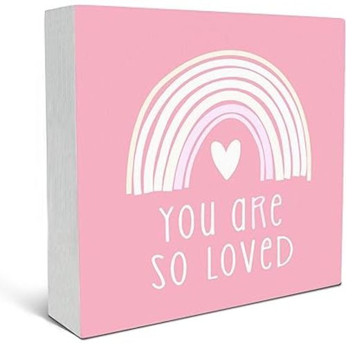 SRADMO You Are So Loved Rainbow Heart Wood Box Sign Desk Decor, Pink Kids Inspirational Quotes Wooden Block Box Sign Decoration for Kids Room Nursery Playroom Shelf Table Decorative Accessories