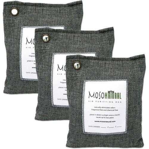 Moso Natural Air Purifying Bag 200g (7.05oz) 3 Pack. A Scent Free Odor Eliminator for Cars, Closets, Bathrooms, Pet Areas. Premium Moso Bamboo Charcoal Odor Absorber. Two Year Lifespan (Charcoal Grey)