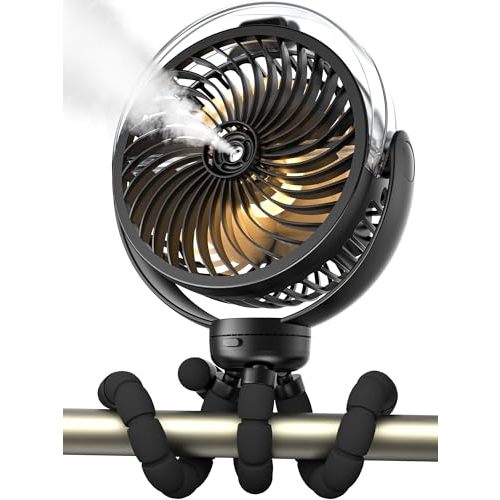Misting Stroller Fan, 6000mAh Battery Operated Portable Fan with Light & 360° Pivoting, Personal Fan with Flexible Tripod for Baby, Office, Travel,Treadmill,Outdoors