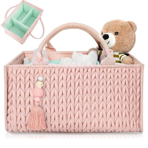 MOMINSIDE Diaper Caddy Organizer, Nursery Storage, Portable Changing Table Car Caddy - Girl Boy, Baby Registry, Newborn Essentials (Pale Pink)