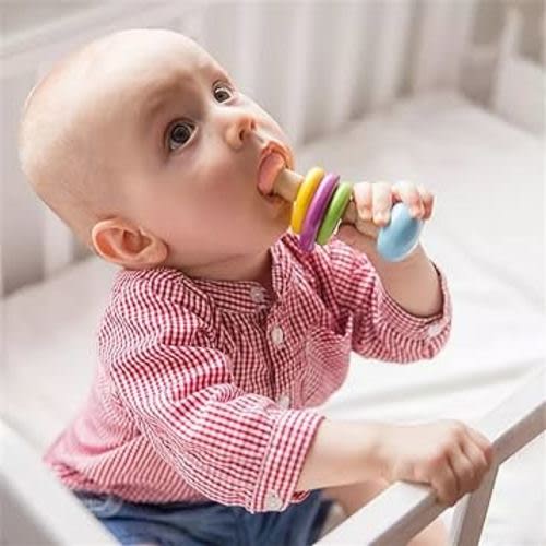 4pc Organic Colorful Baby Rattle Set Safe Food Grade Wood Rattle Soother Bracelet Teether Set Montessori Toddler Toy multicolored