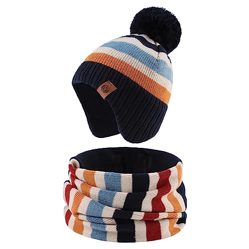 JANGANNSA Knitted Baby Hat Scarf Set Winter Warm Boys Girls Beanie Fleece Lining Toddler Kids Hats with Pompom