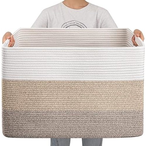 OIAHOMY 108L Super Large Blanket Basket, 25”x16”x16”(108L) Rectangle Woven Baskets for Storage, Cotton Rope Basket For Living Room, Toy Basket with Handle, Basket for Organizing- Gradient Brown