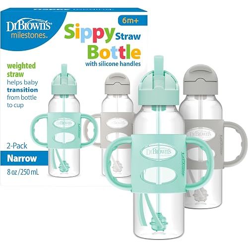 Dr. Brown's Narrow Sippy Straw Bottle with Handles, Gray & Green, 2-Pack