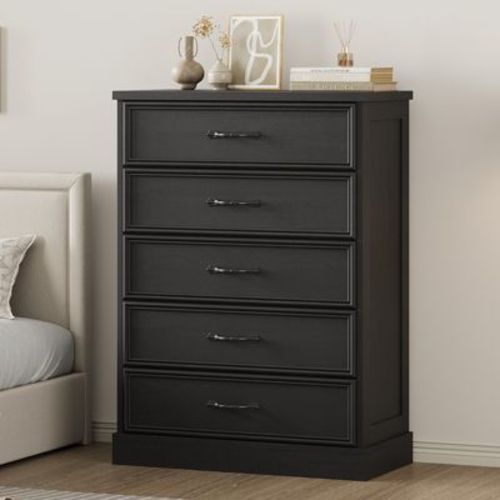 Farmhouse 5 Drawer Dresser, 42.7" Tall 5 Chest of Drawers Nightstand with Sturdy Foundation, Black Wooden Cabinet for Bedroom Living Room Nursery