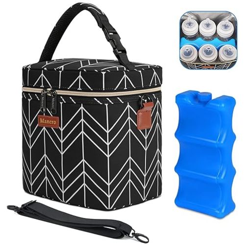 Mancro Breastmilk Cooler Bag, Insulated with Ice Pack, Fits 6 Baby Bottles Up to 9 Oz with On-The-Go Strap, Perfect for Nursing Moms and Daycare, Black Wave