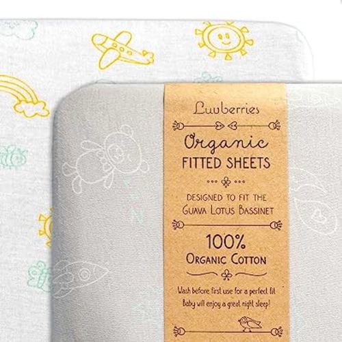 100% Organic Cotton Bassinet Sheets (Set of 2) for The Guava Lotus Travel Bassinet - Baby and Newborn, Fitted Bassinet Sheets, for Boys & Girls (Day and Night)