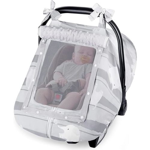 FIOBEE Baby Car Seat Cover, Car Seat Covers for Babies Infant Car Seat Canopy with Breathable Mesh Window Waterproof Carseat Cover for Babies Boy Girl 4 Seasons