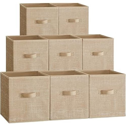 SONGMICS Storage Cubes, 11-Inch Non-Woven Fabric Bins with Double Handles, Set of 8, Closet Organizers for Shelves, Foldable, for Clothes, Sand Beige UROB826K03