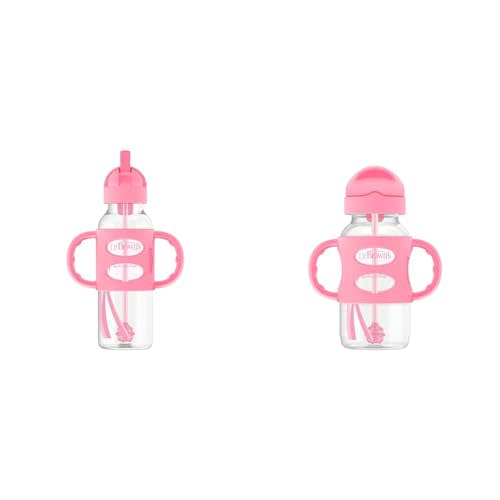 Dr. Brown's Milestones Sippy Straw Bottles, Pink - 8 oz Narrow & 9 oz Wide Neck, Weighted Straw, Spill-Proof, 100% Silicone Handles