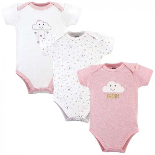 Hudson Baby Infant Girl Cotton Bodysuits 3pk, Pink Clouds, 0-3 Months