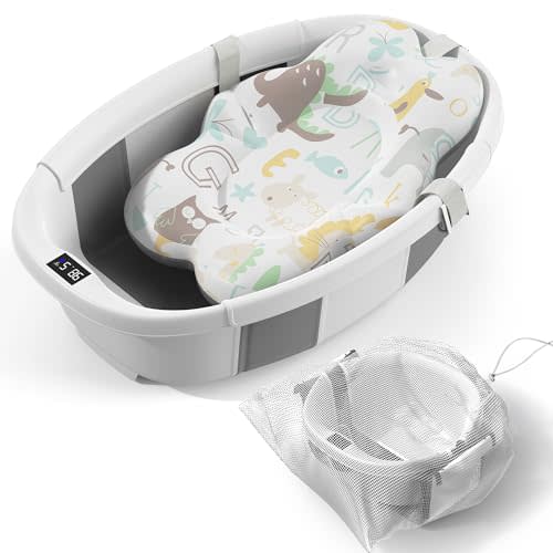 Collapsible Baby Bathtub - Large Baby Bath Tub with Thermometer & Cushion | Travel Portable Newborn Infant Bathtub | Foldable Toddler Bathtub for Baby 0 to 36 Months (Grey)