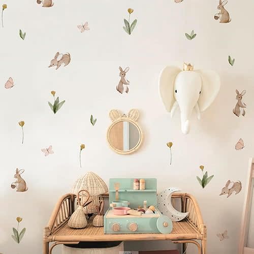 Liwo Summertime Watercolor Cute Bunnies and Flowers Nursery Wall Decal, Peel and Stick Reusable and Removable Kids Wall Stickers-12 Sheets