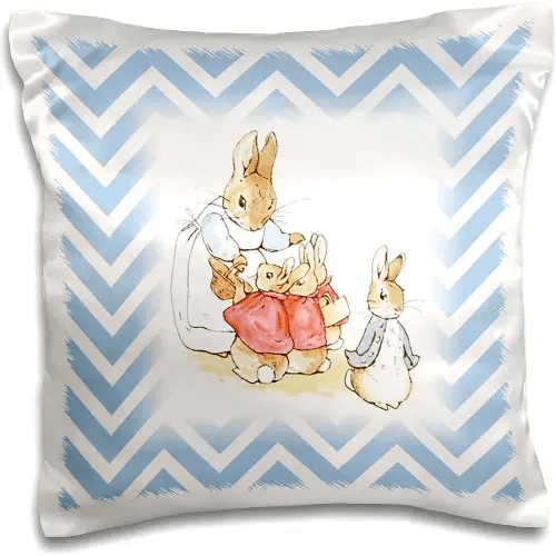 3D Rose Image of Peter Rabbit Scene On Blue Chevron Stripes Pillow Case, 16" x 16"