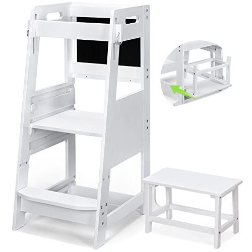 TOETOL Bamboo Toddler Step Stool White Kitchen Counter Learning Helper Standing Tower Ktchen Stool for Toddler 3 Height Adjustable with Chalkboard Message Boards, Small Step Stool, Non-Slip Mat