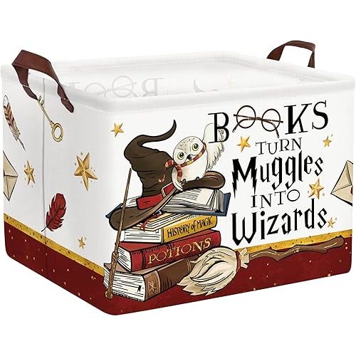 Clastyle Magic Nursery Decor Baby Basket Large Brown Feather Wand Hat Basket Broomstick Owl Kid Gift Book Shelf Basket Collapsible Clothes Basket Rectangle Toy Bin
