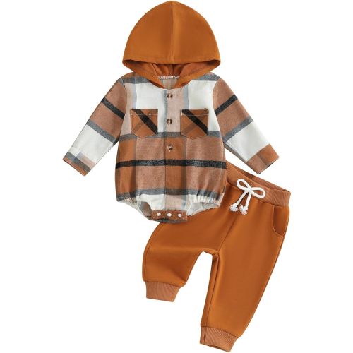 Douhoow Infant Baby Fall Clothes Boy Girl Plaid Hoodie Sweatshirt Romper Flannel Tops+ Sweatpants Festival Outfits