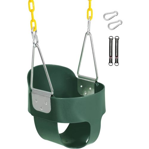 Toddler Swing Seat with Coated Chains, Heavy Duty Kids High Back Bucket Swing with Tree Straps and Hooks for Outdoor, Playground, Backyard, Swing Set Accessories by Domaker, Green