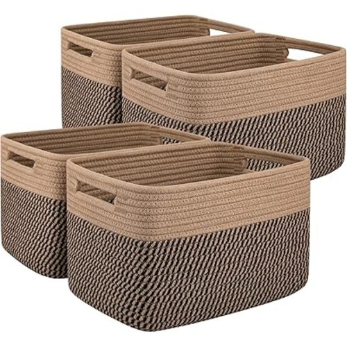 OIAHOMY 4 Pack Storage Baskets for Organizing, Basket for Shelves with Handle, Woven Baskets for Storage Toys, Towels, Books, Cotton Rope Basket 13" L x 9 " W x 7.8 " H, Brown & Black
