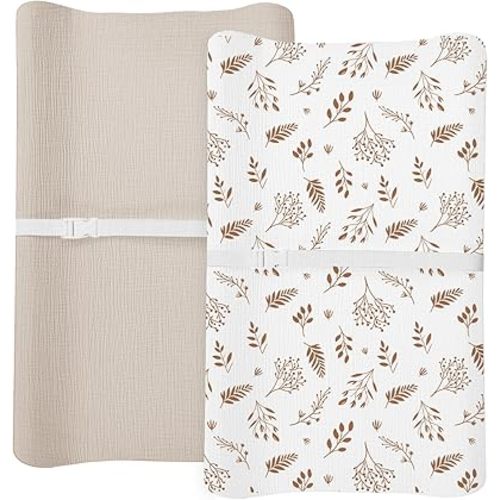 Changing Pad Cover for Baby Boy Girl 2 Pack, Muslin Changing Table Pad Covers with Boho Style, Neutral Nursery Bedding Essentials Soft and Breathable (Autumn Leaves & Beige)