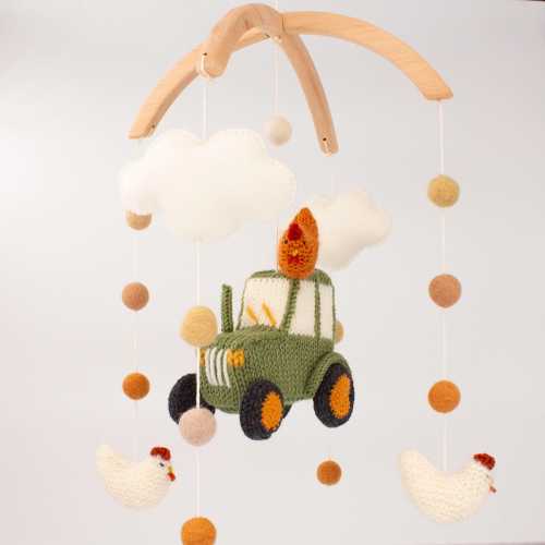 Cluck & Roll Tractor Baby Mobile – Farm Nursery Decor - Green Tractor cot mobiles – Barnyard crib mobile– Gender neutral baby shower gift