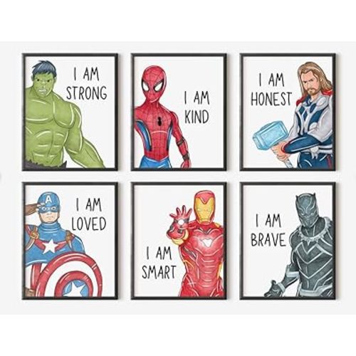 ShopHaven Superheroes Art Print Set Of 6, ‘I AM’ Affirmations, Boys Bedroom Décor, Kids Wall Art, Iron Man, Hulk, Spiderman, Thor, Black Panther and Captain America, Superheroes (11x14)